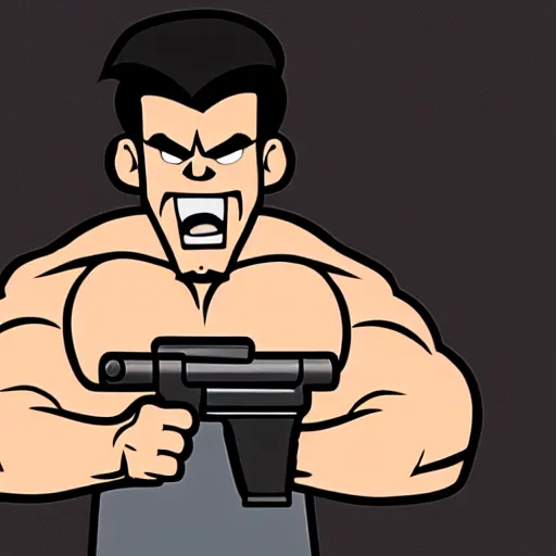 Image similar to cartoon muscular man, angry holding a oversized gun