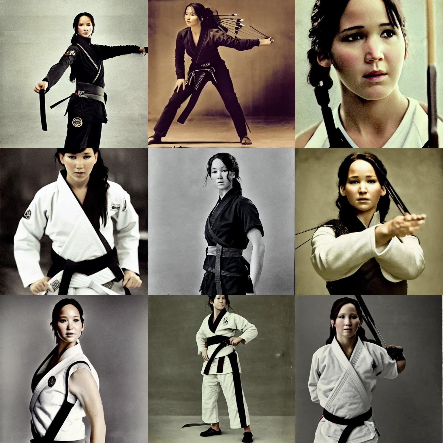 Prompt: Katniss Everdeen as a black belt judo master, in a dojo, 1918, historical portrait photo by Annie Leibovitz