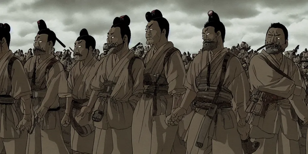 Prompt: akira kurosawa's seven simpsons samurai, digital artwork, photo, movie still, photorealistic.