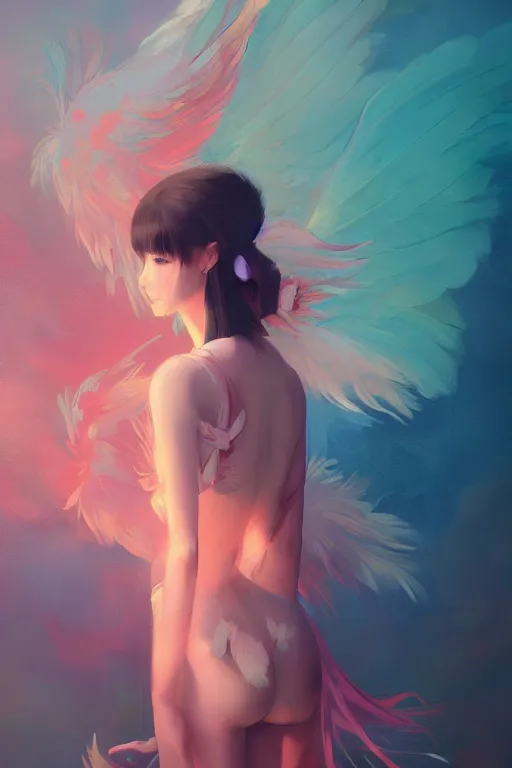 Image similar to a portrait of girl with two wings on her back and feathers. vivid colors, soft lighting, atmospheric, cinematic, moody, in the style of Ilya Kuvshinov and Range Murata, Krenz Cushart, rule of thirds, oil on canvas, 8k