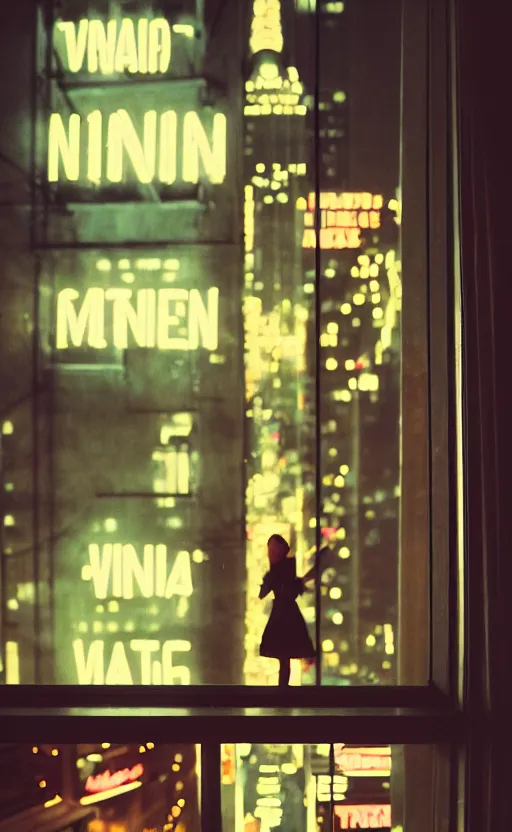 Image similar to vertical movie frame, girl in 5 0's retro restaurant, neon - decorated urban on night in the city seen through the window, modern architecture design, vintage, night, blade runner, dark, clean lines, asian futuristic city at distance, big windows, octane, wide angle