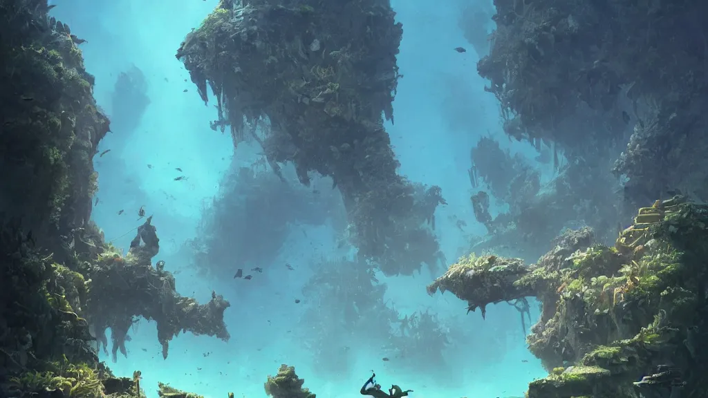 Prompt: A diver is under the sea, he has a treasure with him, he is swimming away from the giant Nessie that is behind hunting him, this is an extravagant planet with wacky wildlife and some mythical animals, the background is full of ancient ruins, the ambient is vivid with a terrifying atmosphere, by Jordan Grimmer digital art, trending on Artstation,