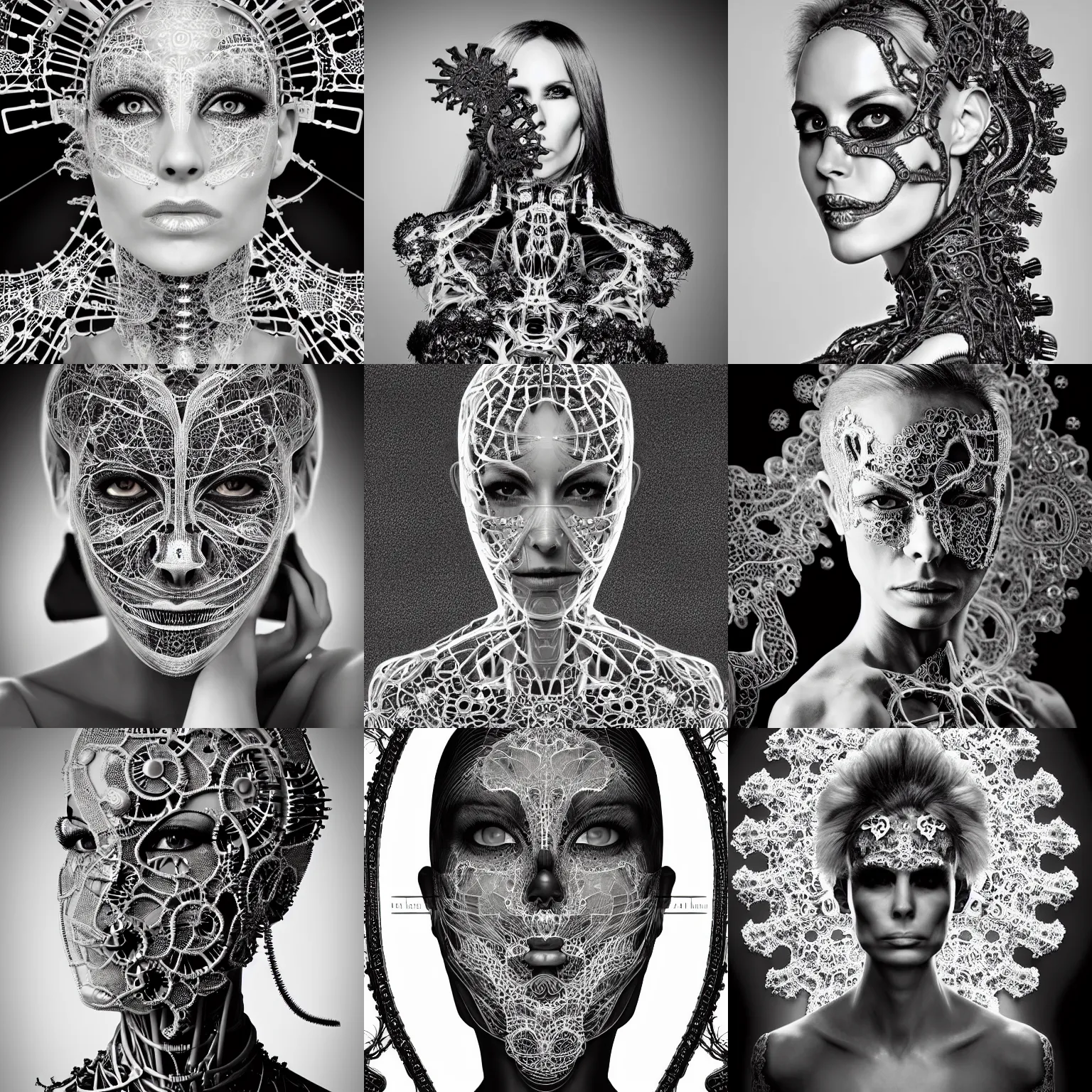 Prompt: surreal black and white photo portrait of complex biomechanical Nicole Aniston cyborg with a mandelbrot fractal metal fine lace face, silver hair, 150 mm lens, soft rim light, fine metal floral foliage super big lace collar, Alexander McQueen, high fashion, haute couture, rococo, steampunk, silver filigree details, anatomical, facial muscles, cable wires, microchip, elegant, hyper realistic, octane render, unreal engine, by Man Ray and Dora Maar, volumetric lighting, 8k,