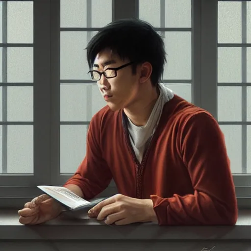 Image similar to portrait of asian guy studying by the window with rain outside, highly detailed, digital painting, artstation, concept art, smooth, sharp focus, illustration, art by artgerm and greg rutkowski and alphonse mucha