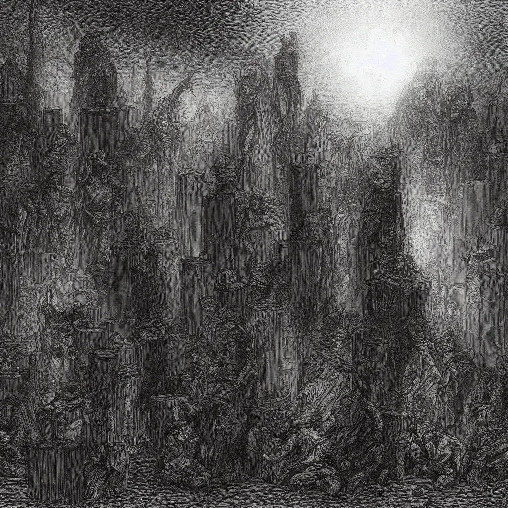 Image similar to nine steel barrels in a graveyard with 2 zombies, creepy atmosphere, dark, portrait, realistic, very realistic, illustration by gustave dore