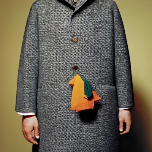 Prompt: a man wearing a colgate coat designed by dries van noten, by martin parr