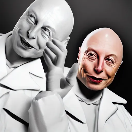 Image similar to Elon Musk as a laughing Dr Evil with his little finger pointed at his mouth, portrait, sharp focus, digital art, Hyper-realistic, 4K, Unreal Engine, Highly Detailed, HD, Dramatic Lighting by Brom, trending on Artstation