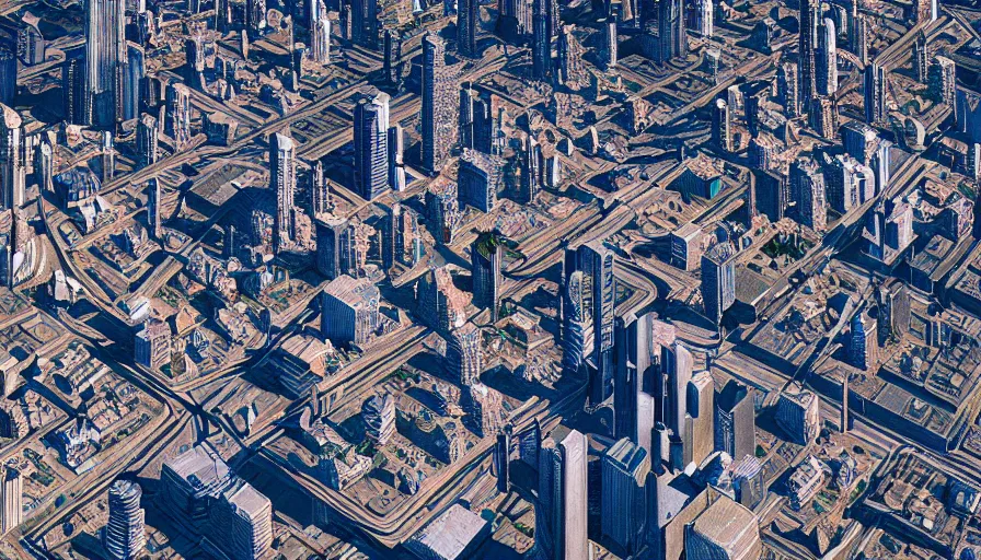 Image similar to Aerial Shot of A city split in different factions, Dytopia, Digital Art, Rendering, Hyperdetailed, Smooth Gradients, 100mm, Anamorphic Lens, Realistic Lighting, High Resolution