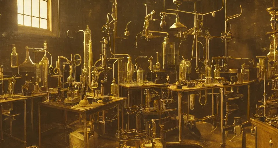 Prompt: a laboratory filled with alchemy equipment, victorian era, gold dust, depth of field