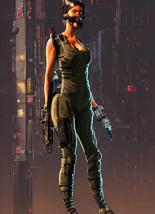 Image similar to cyberpunk mercenary in tactical gear and jumpsuit. high kick cyber chick. portrait by stonehouse and mœbius and will eisner and gil elvgren and pixar. realistic proportions. dystopian. cyberpunk 2 0 7 7, apex, blade runner 2 0 4 9 concept art. cel shading. attractive face. thick lines.