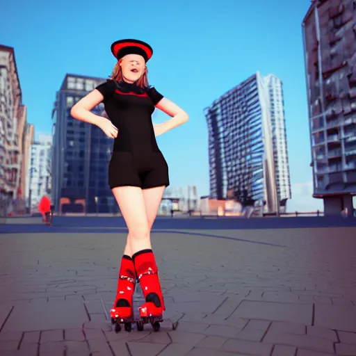 Image similar to Teenage girl, French girl, black beret, black beret with a red star, black shirt with red star, black leather shorts, rollerblading, rollerskates, city on a hillside, colorful buildings, cel shaded, 3D model, Unreal Engine