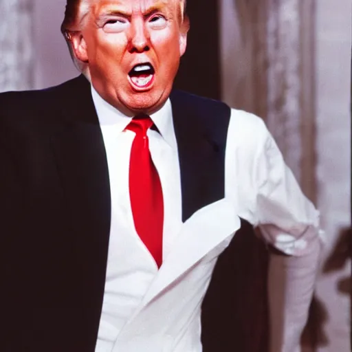 Prompt: promotional photo of donald trump wearing a white christian dior dress in a broadway production of evita