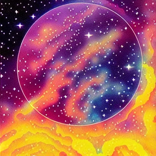 Image similar to circular coins floating in a nebula by mœbius, overdetailed art, colorful, artistic record jacket design w 7 5 0