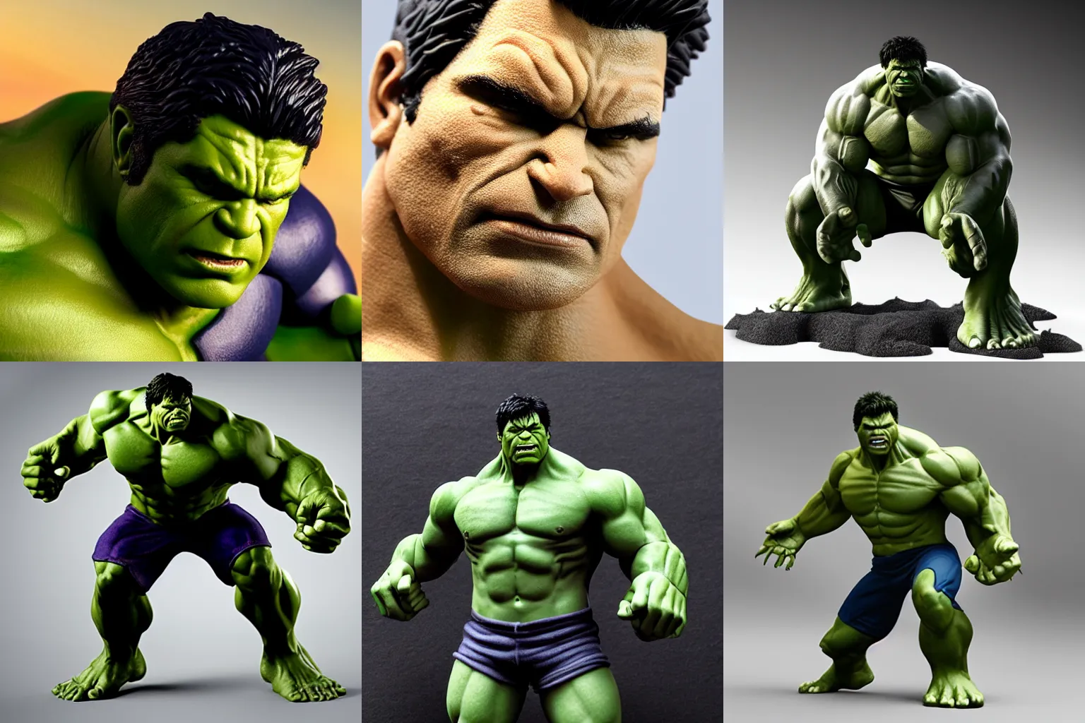 Prompt: of a 3d clay model of the incredible hulk, ultra fine detail, hair strands, ultra high resolution, fine texture detail, miniature painting techniques, perfect proportions, marvel cinematic universe, eric bana