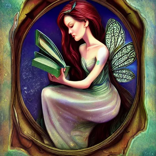 Prompt: a very beautiful fairy with a beautiful detailed face, the fairy hovers above an old opened book, digital painting, fantasy art