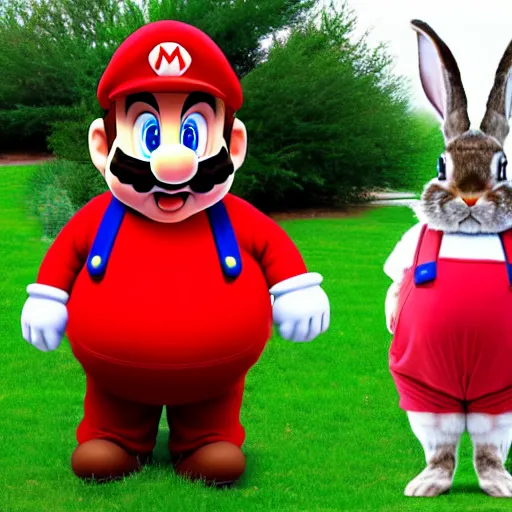 Image similar to real life big chungus dressed like mario, super mario with bunny ears, big chungus, fat bugs bunny, high resolution photo