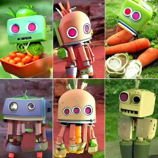 Image similar to cute robot made of vegetables, tomato head and a carrot sword, made in abyss style