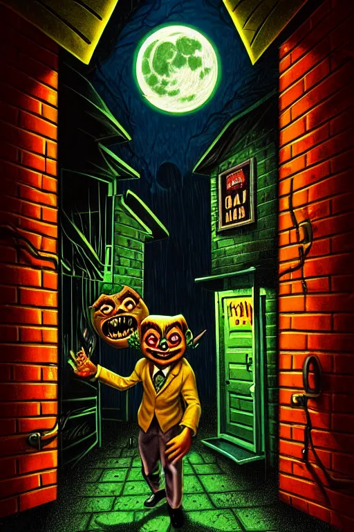 Prompt: a photorealistic vintage goosebumps cover art style illustration of a monster coming out of a garbage can in a dark alley way at night with moonlight casting shadows.