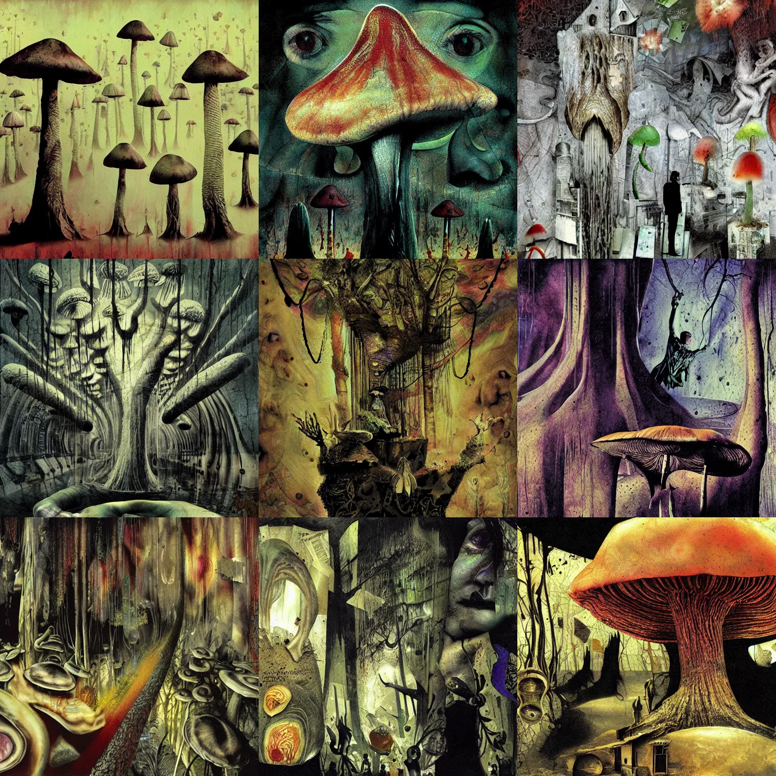 Prompt: psychedelic mushrooms dream, decay, insanely detailed matte painting, by dave mckean, masterpiece