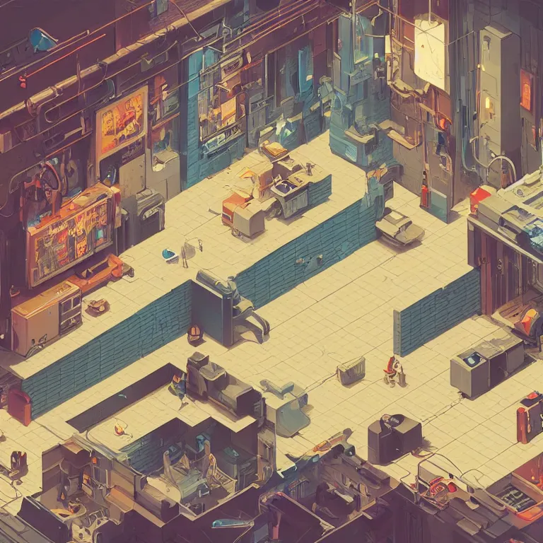 Prompt: isometric view illustration of a interior of a Cyberpunk apartment, highly detailed, by James Gilleard and Bruce Pennington