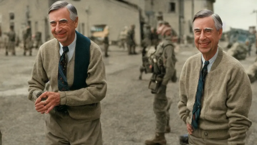 Image similar to still image of mr rogers on saving private ryan, cinematic, anamorphic, dramatic, 4 0 mm f / 2. 8