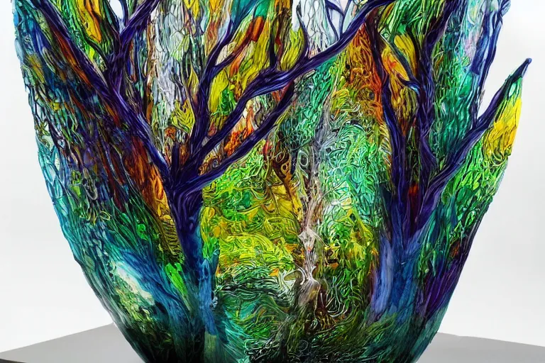 Prompt: Intricate color glass sculptures of forests, formed glass, hand crafted, masterpieces