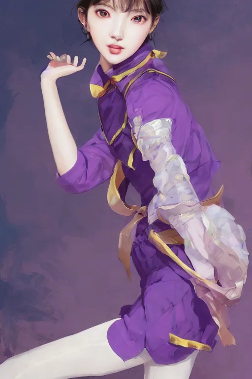 Image similar to Full View of Eunha from Viviz and gFriend with short hair wearing a purple military uniform and puffy silk shorts, white leggings, Golden Ribbon, and a billowy scarf. Rhythmic gymnastics poses. masterpiece 4k digital illustration by Ruan Jia and Mandy Jurgens and Artgerm and greg rutkowski and WLOP, award winning, Artstation, art nouveau aesthetic, Alphonse Mucha background, intricate details, realistic, panoramic view, Hyperdetailed, 8k resolution, intricate art nouveau