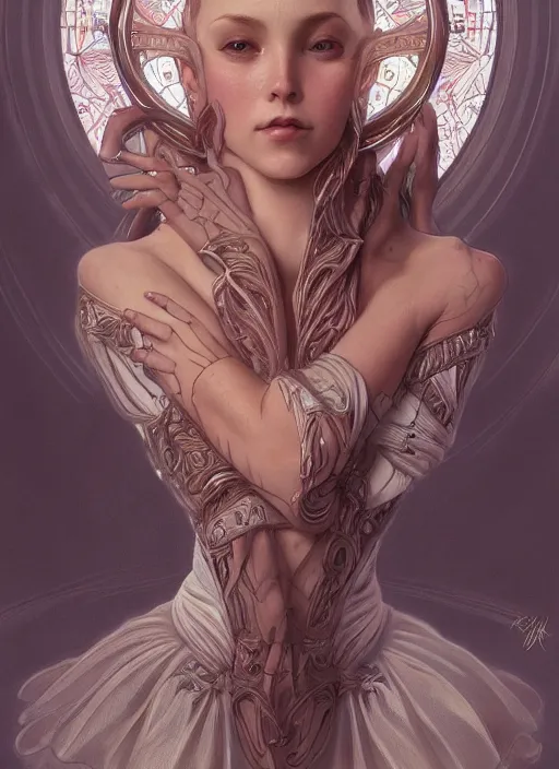 Image similar to ultra realistic illustration, ballerina, sci - fi, fantasy, symmetrical face, intricate, elegant, highly detailed, digital painting, artstation, concept art, smooth, sharp focus, illustration, art by artgerm and alphonse mucha