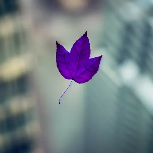 Prompt: closeup photo of one purple leaf flying above a city, aerial view, shallow depth of field, cinematic, 8 0 mm, f 1. 8