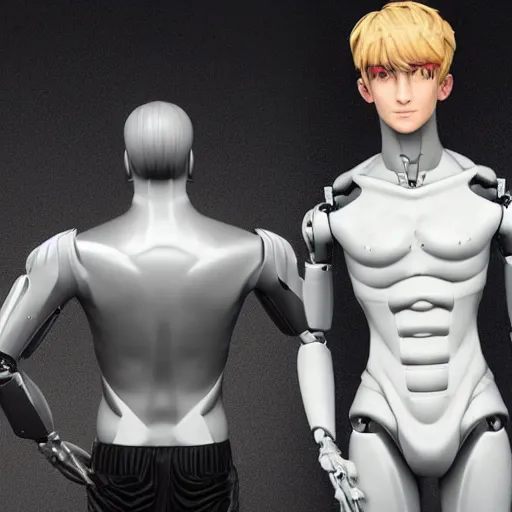 Image similar to “a realistic detailed photo of a guy who is an attractive humanoid who is half robot and half humanoid, who is a male android, twitch streamer Ninja Tyler Blevins, shiny skin, posing like a statue, blank stare”