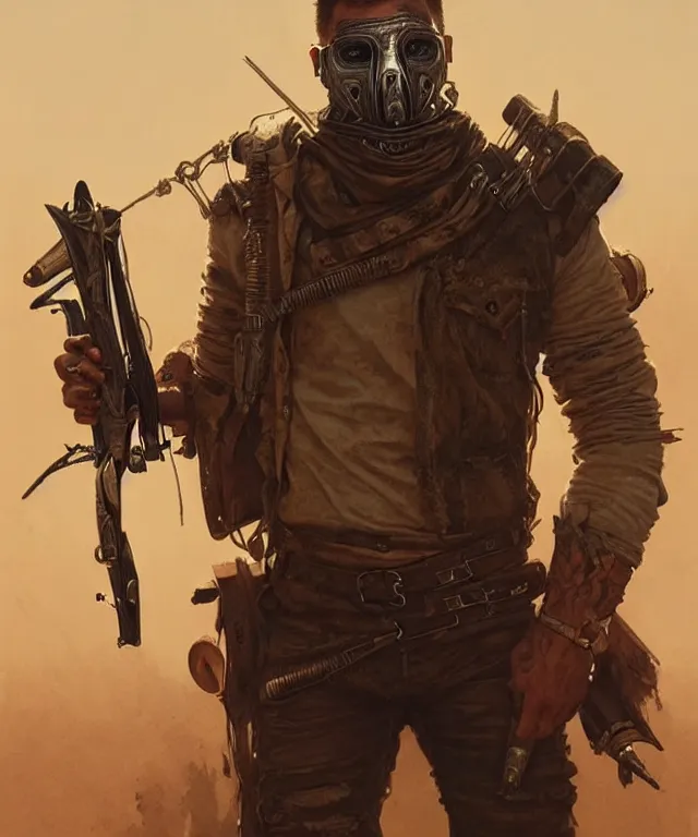 Image similar to a man dressed in mad max clothing, highly detailed, digital painting, artstation, concept art, matte, sharp focus, illustration, art by artgerm and greg rutkowski and alphonse mucha