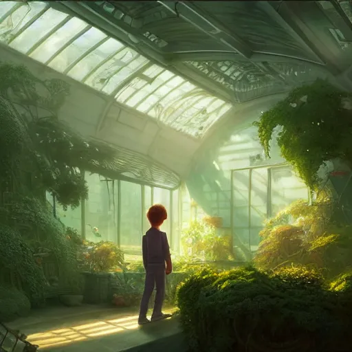 Image similar to , boy with grandma in scifi green house, spaceship, plants, stephen bliss, misty, unreal engine, pixar, fantasy art by greg rutkowski, loish, ferdinand knab, and lois van rossdraws, global illumination, radiant light, minimalist, detailed and intricate environment