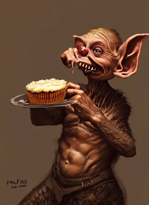 Image similar to portrait of a medieval goblin eating cakes, beautiful face, hyper realistic, highly detailed, digital painting, artstation, illustration, concept art by hyung tae and frank frazetta, digital paint, matte paint, washed colors, dark, gloomy