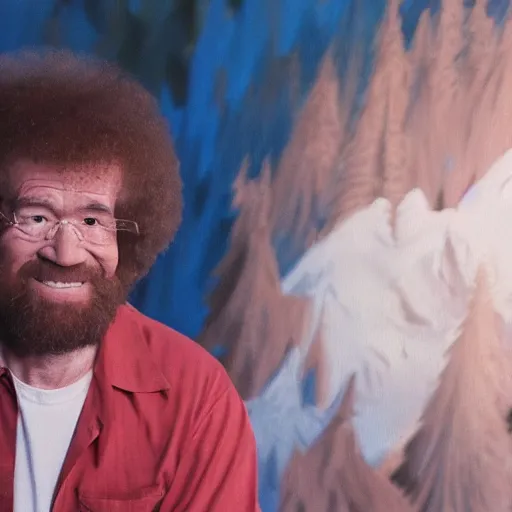 Prompt: a closeup photorealistic photograph of bob ross working on a canvas painting of elmo. film still. brightly lit scene. mountains and trees. this 4 k hd image is trending on artstation, featured on behance, well - rendered, extra crisp, features intricate detail, epic composition and the style of unreal engine.