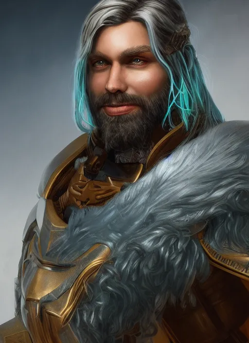 Image similar to an epic fantastic realism comic book style portrait painting of an aasimar paladin, male, silver hair, short brown beard, d & d concept art, unreal 5, daz, teal aesthetic, octane render, cosplay, rpg portrait, dynamic lighting