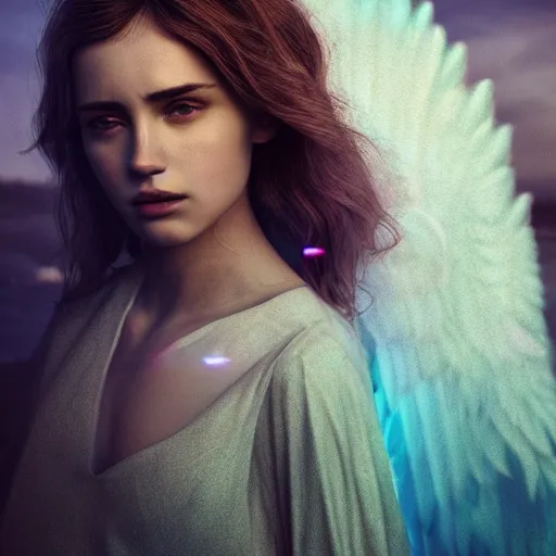 Image similar to portrait art of female angel by alessio albi 8 k ultra realistic, angel wings, lens flare, atmosphere, glow, detailed, intricate, full of colour, cinematic lighting, trending on artstation, 4 k, hyperrealistic, focused, extreme details, unreal engine 5, cinematic, masterpiece