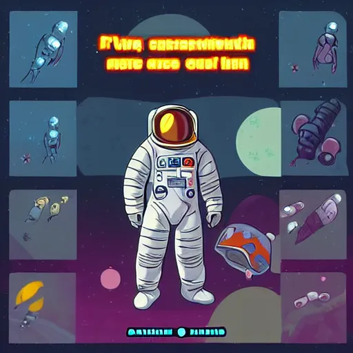 Image similar to astronaut game character in dark space quest, game art, splash art, 2d game