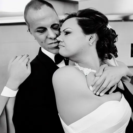 Prompt: a bride and groom hold each other inside a dirty airport bathroom, wedding photo