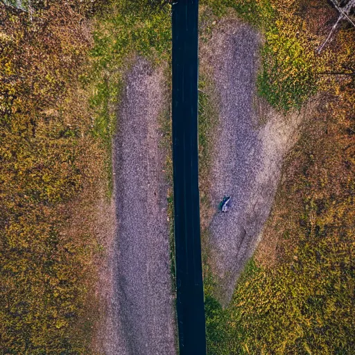 Prompt: drone fotage of an old abandoned road