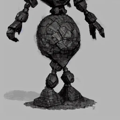 Image similar to Golem made from iron and a head shaped like a 4 sided dice. Dark Fantasy, mork borg ,concept art