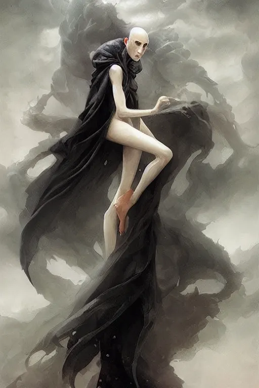 Prompt: a humanoid creature of pure imagination with pale white skin and a gaunt face. the creature is bald. it is wearing a black flowing cloak that looks like mist. art by peter mohrbacher.