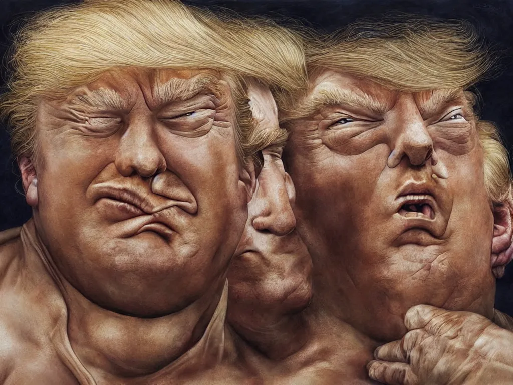 Prompt: Donald trump as baron harkonnen from Dune, highly detailed realistic painting by Tomasz Alen Kopera and hajime sorayama and salvator dali and carl spitzweg