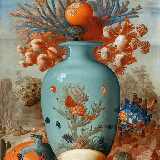 Image similar to bottle vase of coral under the sea decorated with a dense field of stylized scrolls that have opaque outlines enclosing mottled blue washes, with orange shells and purple fishes, Ambrosius Bosschaert the Elder, oil on canvas