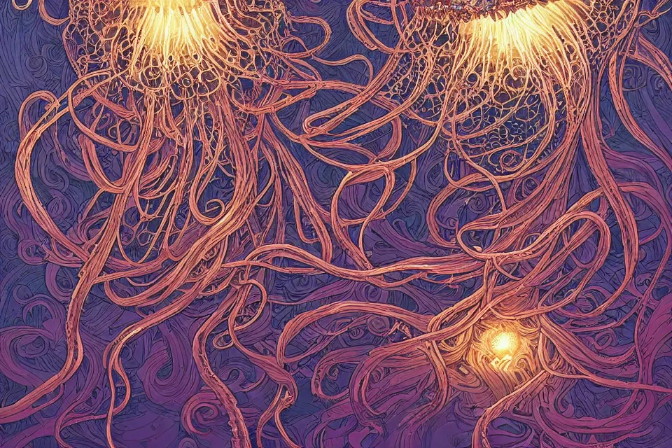 Prompt: a beautiful ultradetailed comic cover art of gigantic glowing complex multi-layered intricate jellyfish creatures with long flowing tendrils, by Laurie Greasley and Peter Mohrbacher and Quentine Mabilles and Dan Mumford, tarot card art, detailed shading, micro details, dramatic lighting, volumetric lighting, 8k