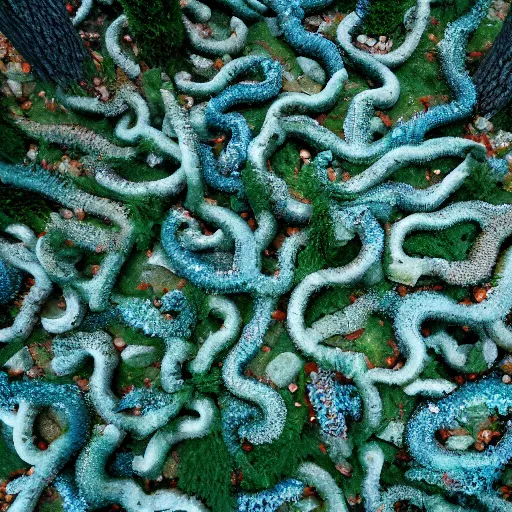 Image similar to a forest of trees made out of stone, blue tentacles