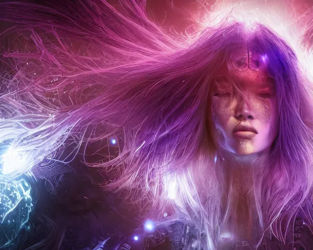 Image similar to glowing hair, singularity, complex cybernetic beings, beautiful hairy humanoids, cybergods, cybermagnetosphere, cybernetic civilizations, ornate hair, love, joy, vortexes, large arrays, data holograms, 8 k, cinematic light shadows, wet hdr refractions