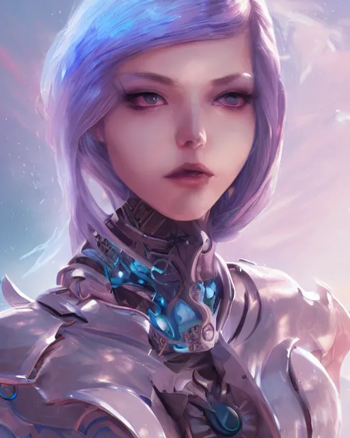 Image similar to holy cyborg necromancer girl, elegant, scifi, futuristic, utopia, garden, illustration, atmosphere, top lighting, blue eyes, white hair, beautiful, artstation, highly detailed, art by yuhong ding and chengwei pan and serafleur and ina wong