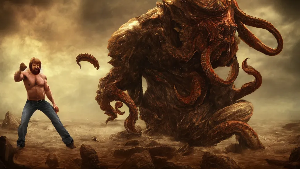 Image similar to chuck norris Fight with the giants cthulhu, cgi, trending artstation