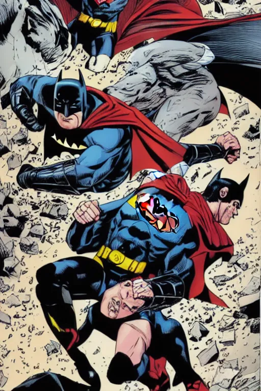 Image similar to batman beating superman in a fight