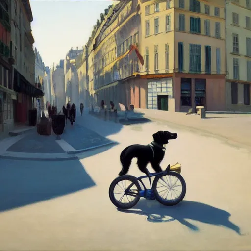 Prompt: young border collie dog riding a bike in paris. edward hopper. faithfully depicted, sharp focus, global illumination, radiant light, detailed and intricate environment, trending on artstation